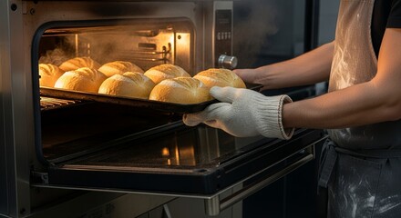 Baker Removing Golden-Brown Breads from a Professional Oven