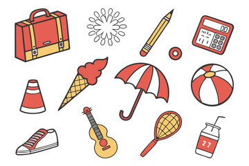 Collection of fun summer and school related doodle icons