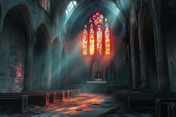realistic illustration of an abandoned gothic church with broken stained glass