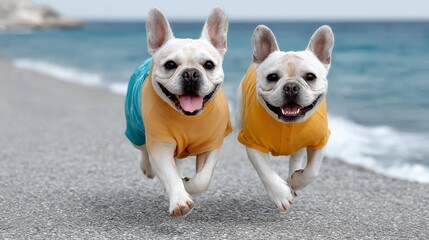 Two playful dogs wearing colorful shirts are joyfully running along a sandy beach, with the ocean waves gently lapping at the shore, capturing the essence of fun and companionship in a vibrant outdoor