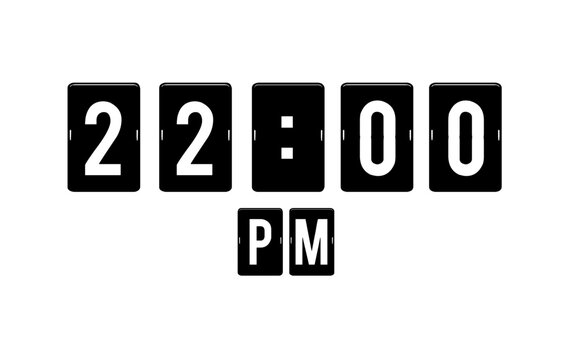 Modern flip clock design showing 22:00 PM on a white background. Perfect for use in editorial designs, infographics, and time management visuals.