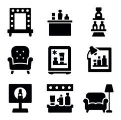 Beauty Boutique Icons. Solid, filled icons set of beauty boutique interiors: spotlight mirror, product island,
