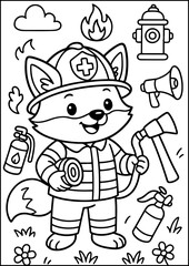 Anthropomorphic fox dressed in a firefighter uniform with a helmet and hose. Standing proudly. Bold lines, cartoon style, easy for kids to color.