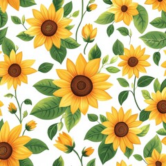 Vibrant seamless pattern featuring yellow sunflowers and green leaves on a white background. The illustration style is detailed and botanical, creating a cheerful and summery design.