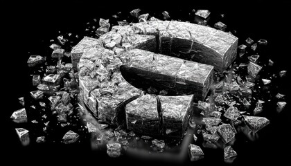 An abstract 3D euro symbol shattered into pieces on a reflective black surface, representing financial instability and economic collapse.