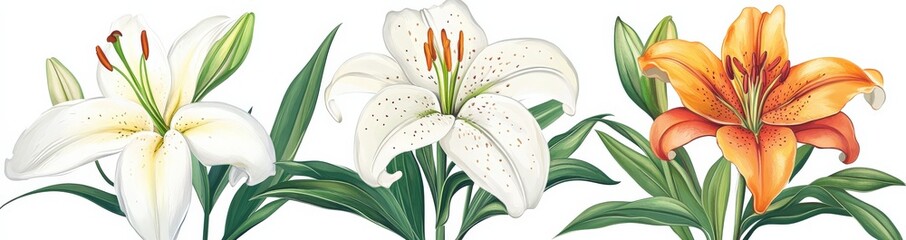 Obraz premium Three lilies in watercolor style, one white, one speckled white, and one orange. Lush green foliage surrounds the flowers. Soft lighting creates a serene atmosphere.