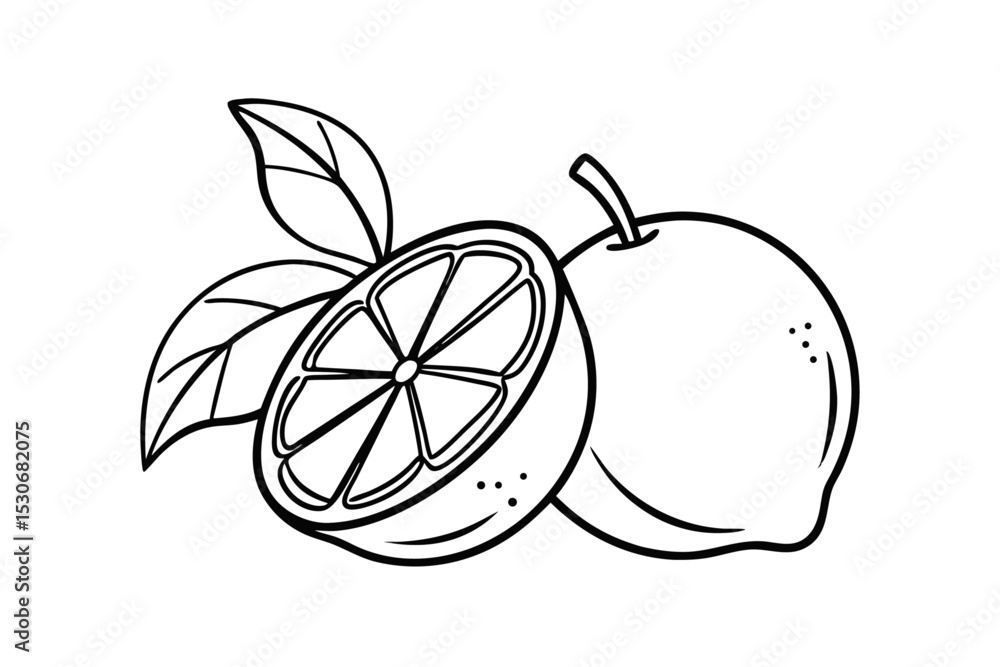 Poster continuous line drawing of whole and halved lemons isolated on transparent background