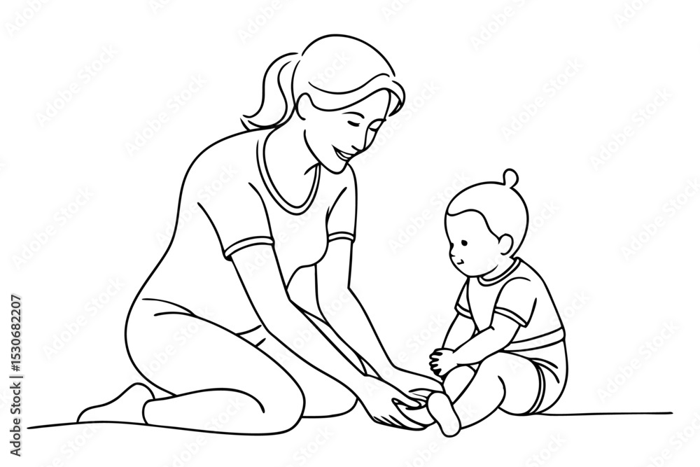 Poster continuous single line drawing of a mother and toddler isolated on transparent background