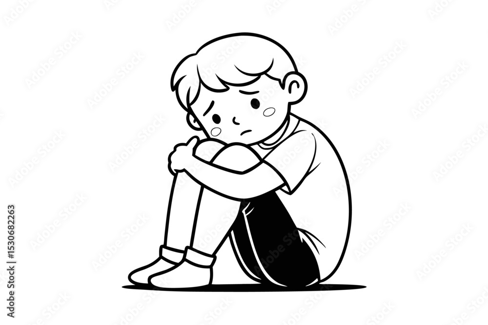 Poster continuous single line drawing of a sad boy sitting isolated on transparent background
