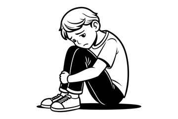 Continuous single line drawing of a sad boy sitting isolated on transparent background