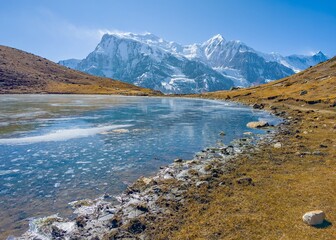 Himalayas, Nepal - The famous hiking on the roof of the world called Annapurna Circuit in Himalaya range mountain, with little village, buddhist stupa and mountains of 8000 meters.