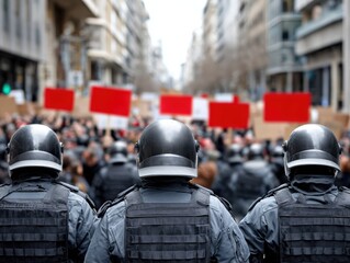 A tense scene unfolds as police in riot gear confront a protesting crowd holding banners demanding justice for inflation and layoffs.