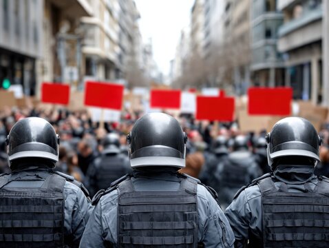 A tense scene unfolds as police in riot gear confront a protesting crowd holding banners demanding justice for inflation and layoffs.