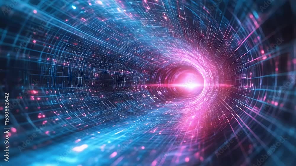 Poster abstract tunnel with pink and blue glowing lines converging into bright light source