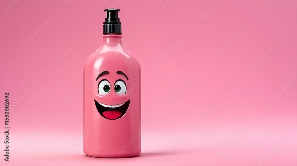 Poster cartoon character bottle with a smiling face, featuring bright pink color and playful design, set ag