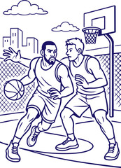 Two basketball players in one-on-one game line art illustration