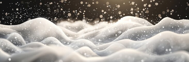 Soft, white snow drifts gently across a dark background, illuminated by a warm light source. Falling snowflakes add to the serene winter scene.  The texture of the snow is emphasized.