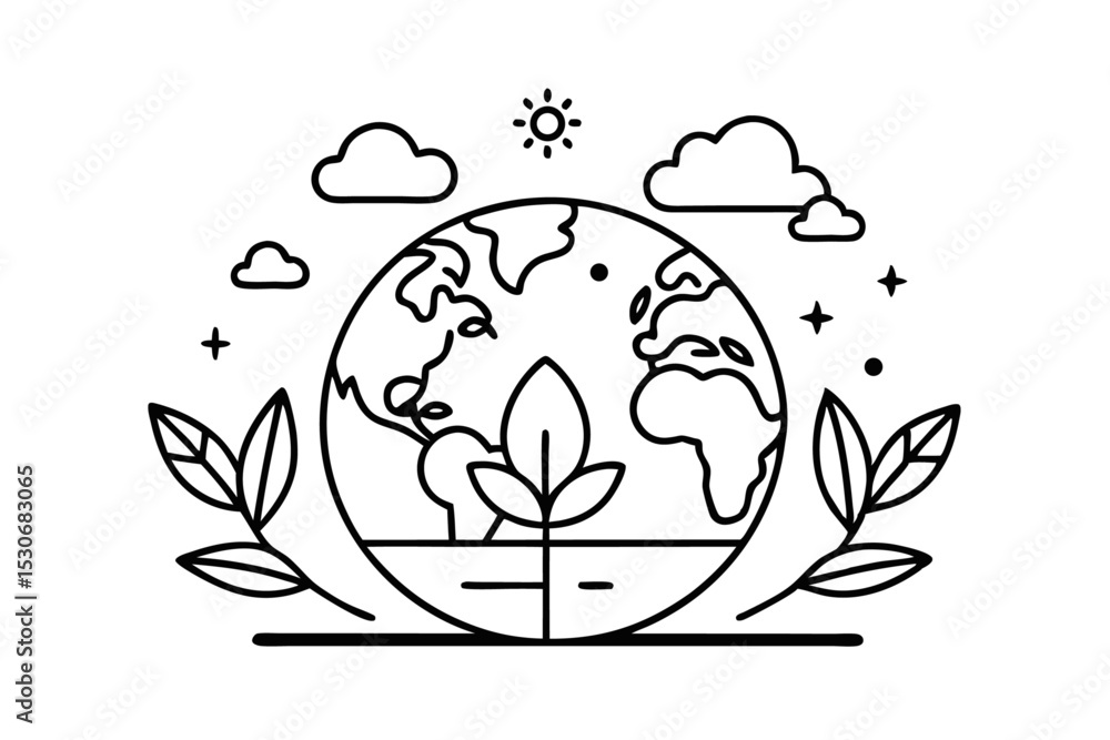 Poster earth day environment line art design featuring a planet with greenery isolated on transparent backg