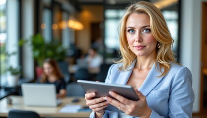 Business professional using tablet to enhance productivity modern office space digital communication contemporary environment focused viewpoint