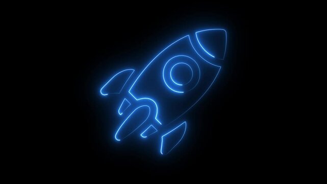 glowing neon rocket icon color animation video on black background.