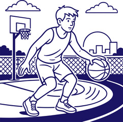 Boy dribbling basketball on outdoor court line art illustration