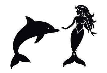 Obraz premium Dolphin and Mermaid Silhouette Vector Illustration for Sea Theme Design, Fantasy Ocean Artwork