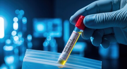 Gloved hand holding a sars cov 2 positive sample test tube in a medical laboratory