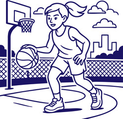 Girl dribbling basketball on outdoor court line art illustration