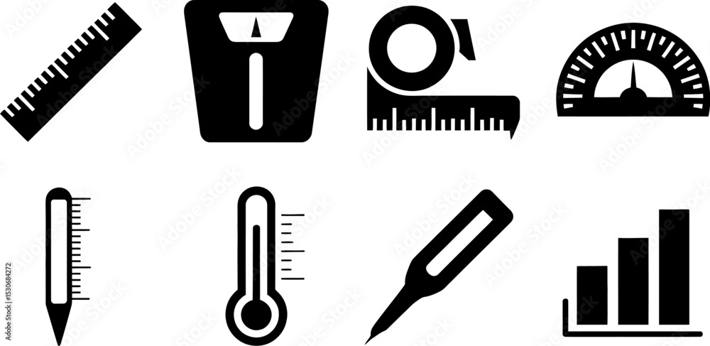 Poster measuring tools vector icons set ruler scale tape protractor thermometer graph for design and ui 100