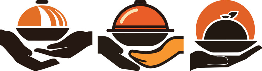 Food Delivery Vector Illustration. Hands holding covered dishes, isolated on white background.