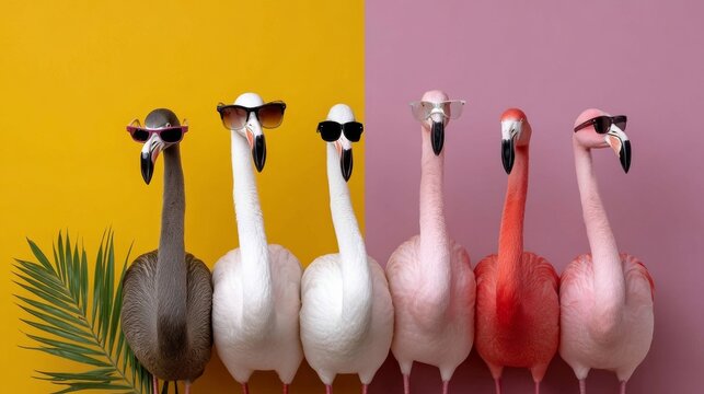 Group of colorful flamingos wearing stylish sunglasses, standing in a row against vibrant yellow and pink backgrounds, showcasing a playful and fun atmosphere with tropical elements