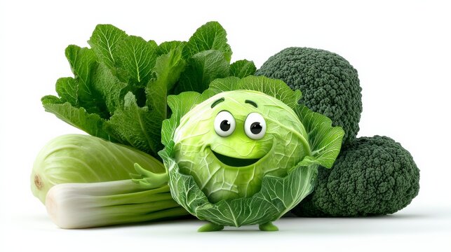 Cartoon-style illustration of a cheerful green cabbage character surrounded by fresh vegetables like broccoli and lettuce, showcasing a fun and playful approach to healthy eating and nutrition awarene