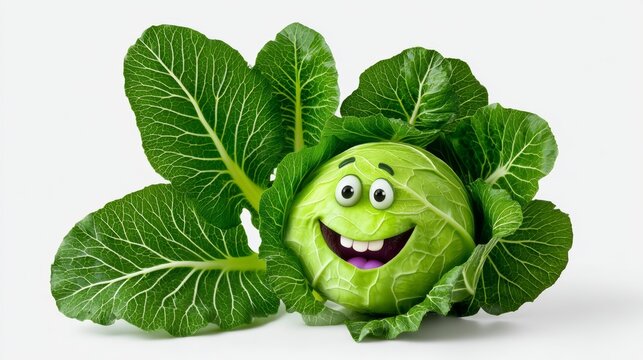 Cartoon-style cabbage character with a smiling face, surrounded by vibrant green leaves, showcasing a playful and whimsical design, perfect for children's products or healthy eating themes