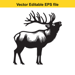 Majestic Elk Bugle Vector Graphic: A Black and White Illustration of a Male Elk in Full Antler