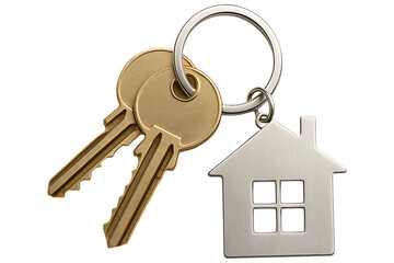 House keys with home-shaped keychain isolated on transparent background