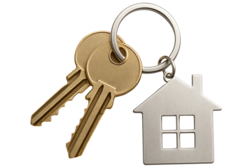 House keys with home-shaped keychain isolated on transparent background