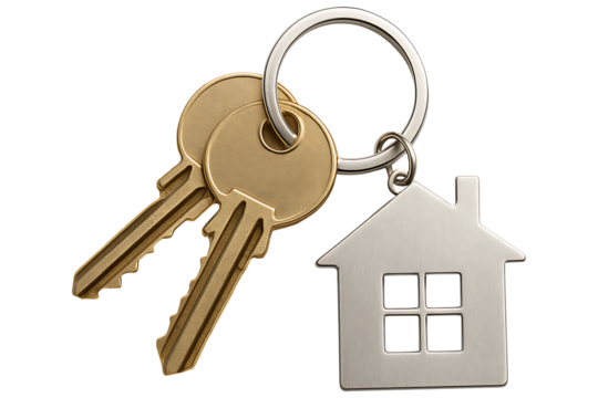 House keys with home-shaped keychain isolated on transparent background