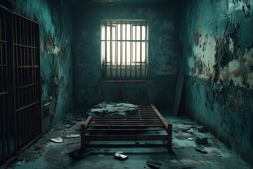 realistic illustration of an abandoned prison cell with rusted bars