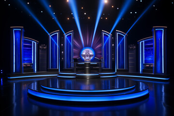A game show with blue and white lights, a dark background, and a stage with a large podium in front.