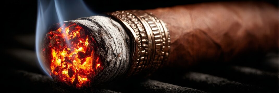 Close-Up of a Hand Holding a Cigar with Glowing Embers and Intricate Cigar Holder Ring Design