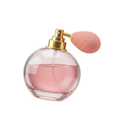 Stylish 3D rendering of a pink glass perfume bottle with a classic atomizer bulb, symbolizing elegance and beauty, isolated on a transparent background, png, cutout.
