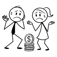 Frustrated couple stressed about money problems. Vector cartoon stick figures illustration. Financial difficulties concept with simple flat style.