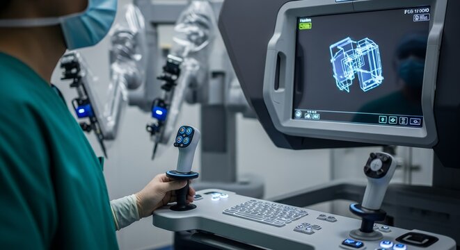 Robotic Surgery Control Console Closeup: Surgeon's Hand on Joystick