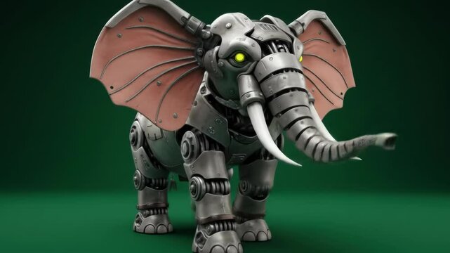 Robotic elephant with oversized ears and cartoon armor-like texture