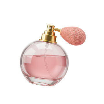 Stylish 3D rendering of a pink glass perfume bottle with a classic atomizer bulb, symbolizing elegance and beauty, isolated on a transparent background, png, cutout.
