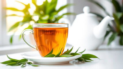 A cup of hot tea near a window with plants
