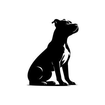 Noble pitbull dog sitting attentively with an uplifted gaze, rendered in a striking black and white silhouette with subtle highlights. Animal concept
