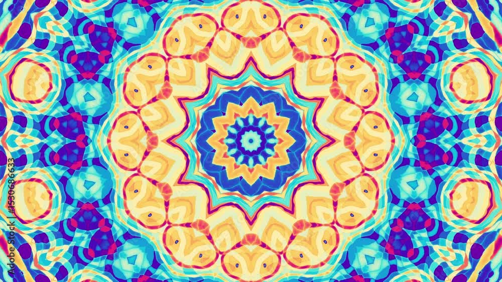 Poster abstract colorful mandala with symmetrical patterns in red, blue, and orange. loop mandala