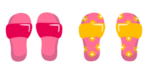 Cute women’s summer slides in bright colors. Flat vector image of brown summer sandals featuring white double straps and metal buckles, ideal for comfort, travel, or casual wear.
