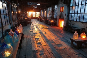 Warm Sunset Glow Inside Vintage Glassblowing Workshop with Artifacts